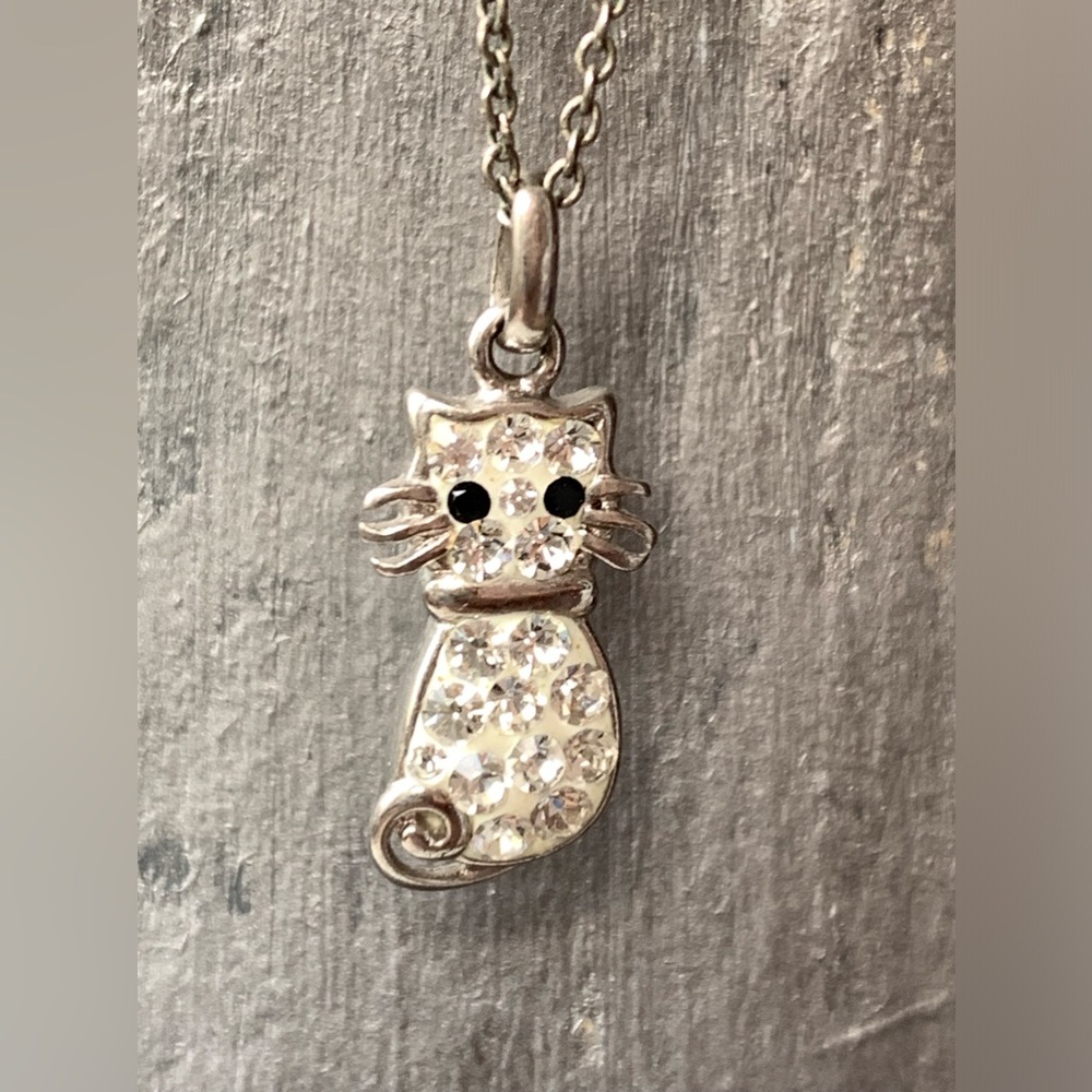 Mini Enamel & Crystal Silver Plated Kitty Cat Whiskers Necklace Kitten Woman’s - Picture 2 of 8